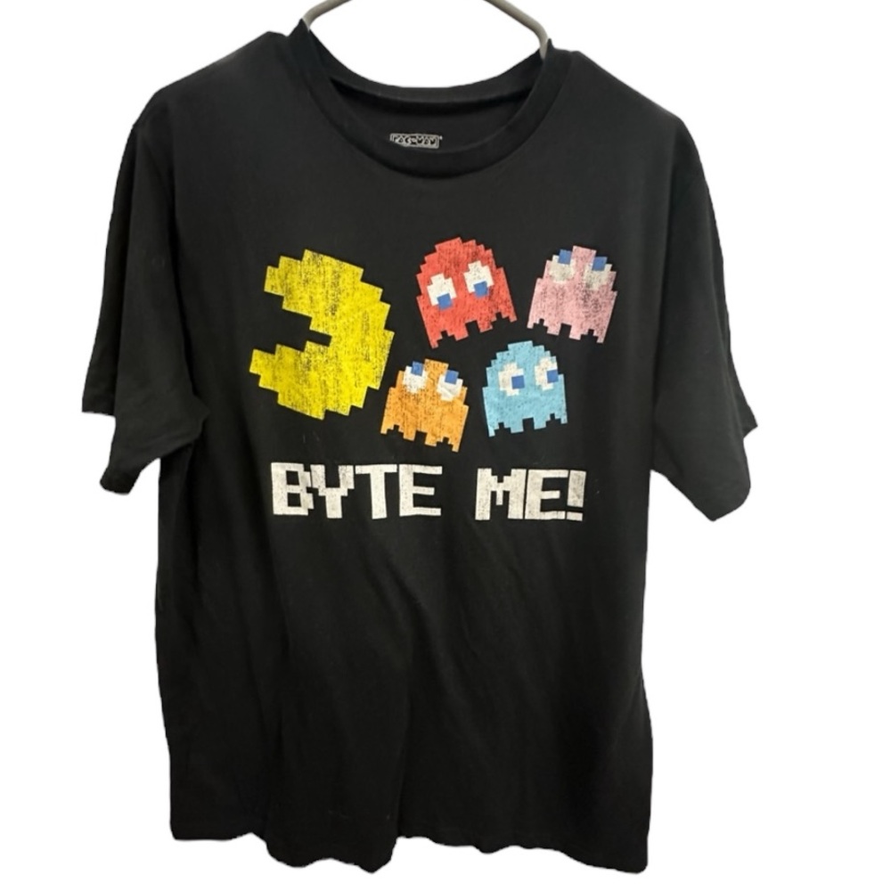 Pac Man Byte Me Black Retro Black Short Sleeve Graphic Tee TShirt Mens Large
